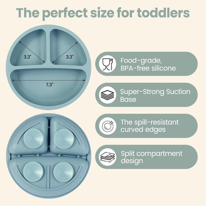 2 Pack Divided Toddler Plates with Suction, Spoons and Forks Set