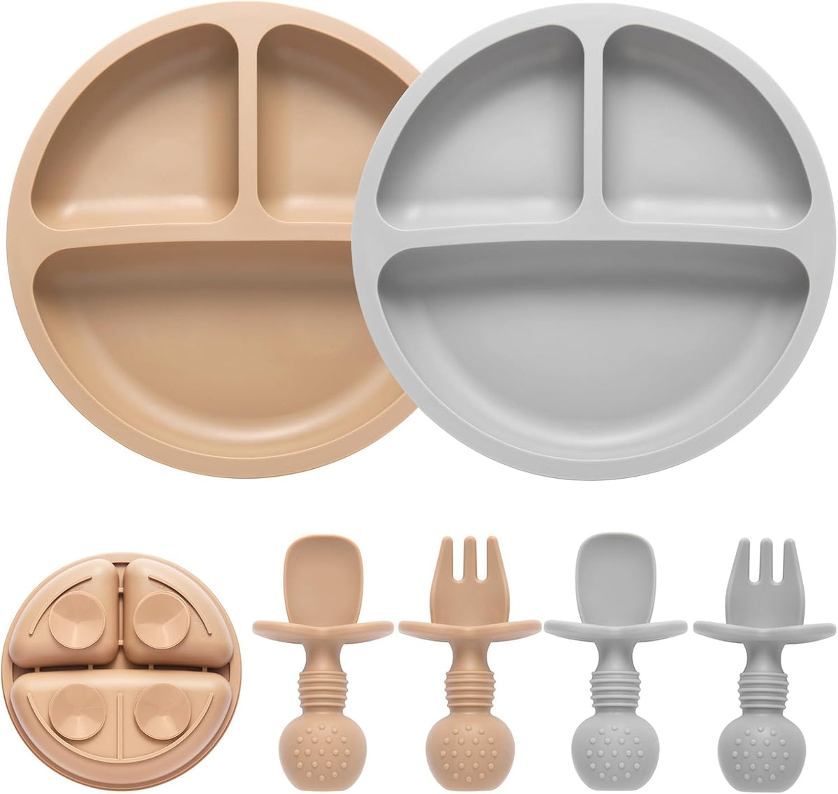 2 Pack Divided Toddler Plates with Suction, Spoons and Forks Set