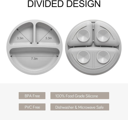 2 Pack Divided Toddler Plates with Suction, Spoons and Forks Set