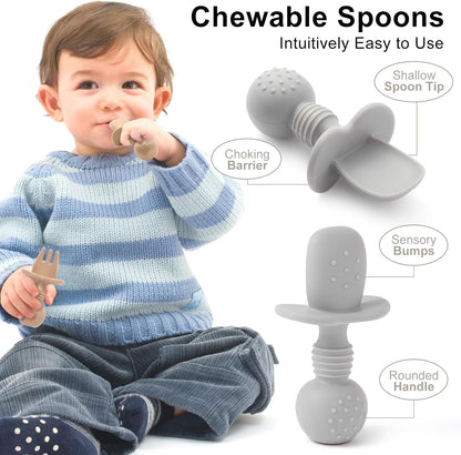 2 Pack Divided Toddler Plates with Suction, Spoons and Forks Set
