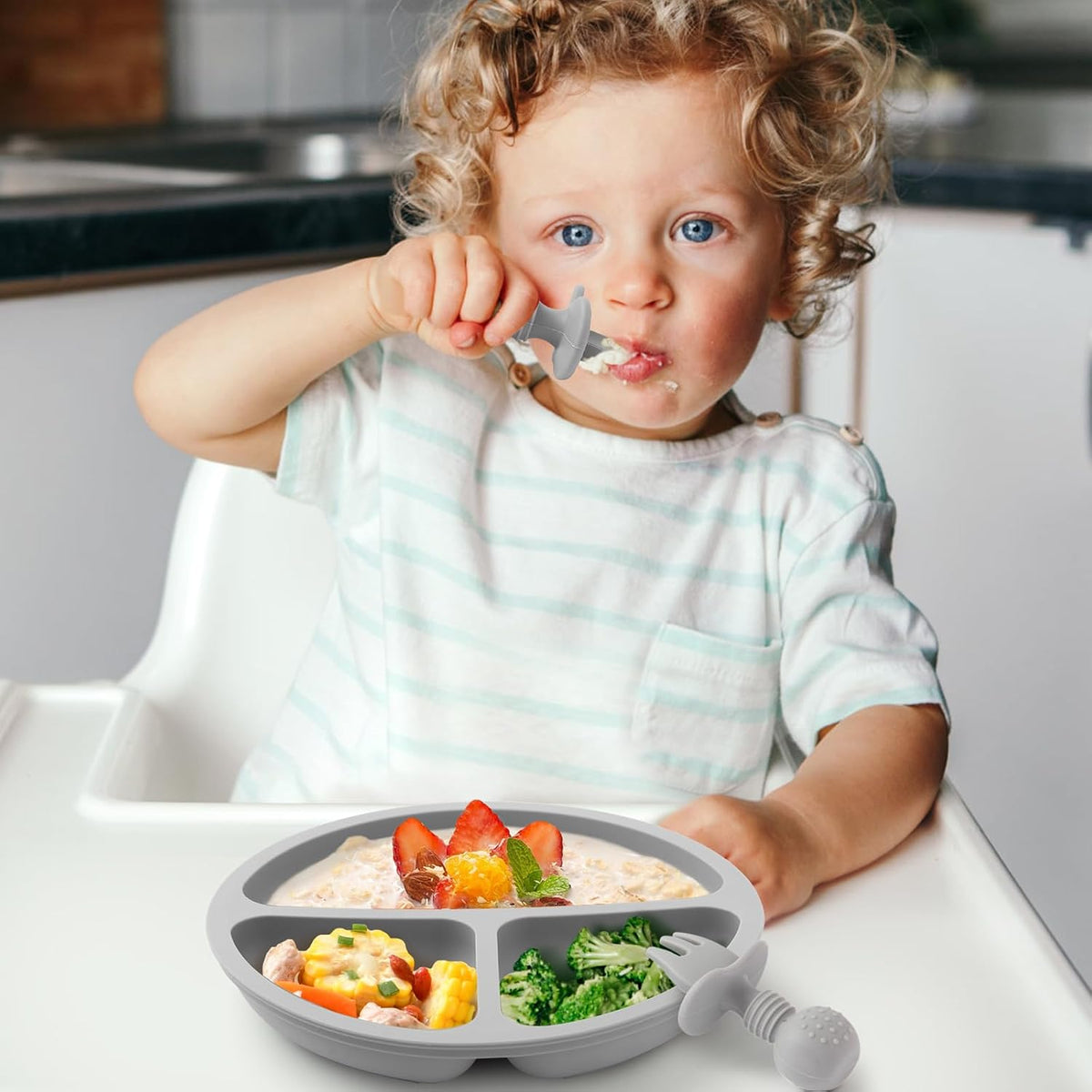 2 Pack Divided Toddler Plates with Suction, Spoons and Forks Set