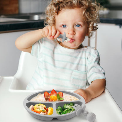 2 Pack Divided Toddler Plates with Suction, Spoons and Forks Set