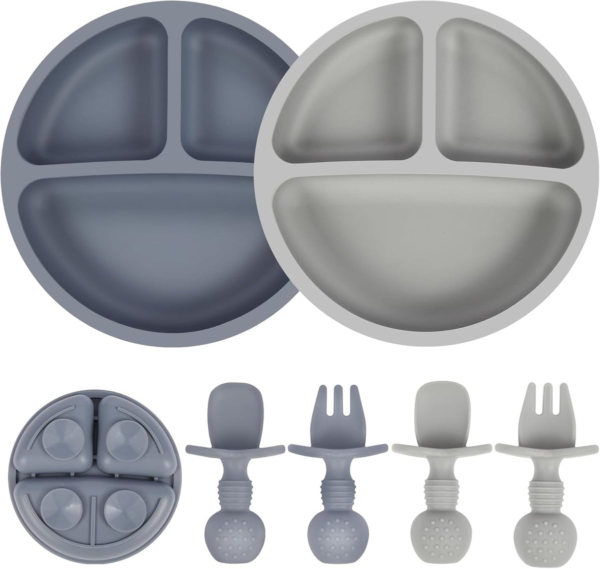2 Pack Divided Toddler Plates with Suction, Spoons and Forks Set