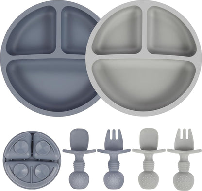 2 Pack Divided Toddler Plates with Suction, Spoons and Forks Set