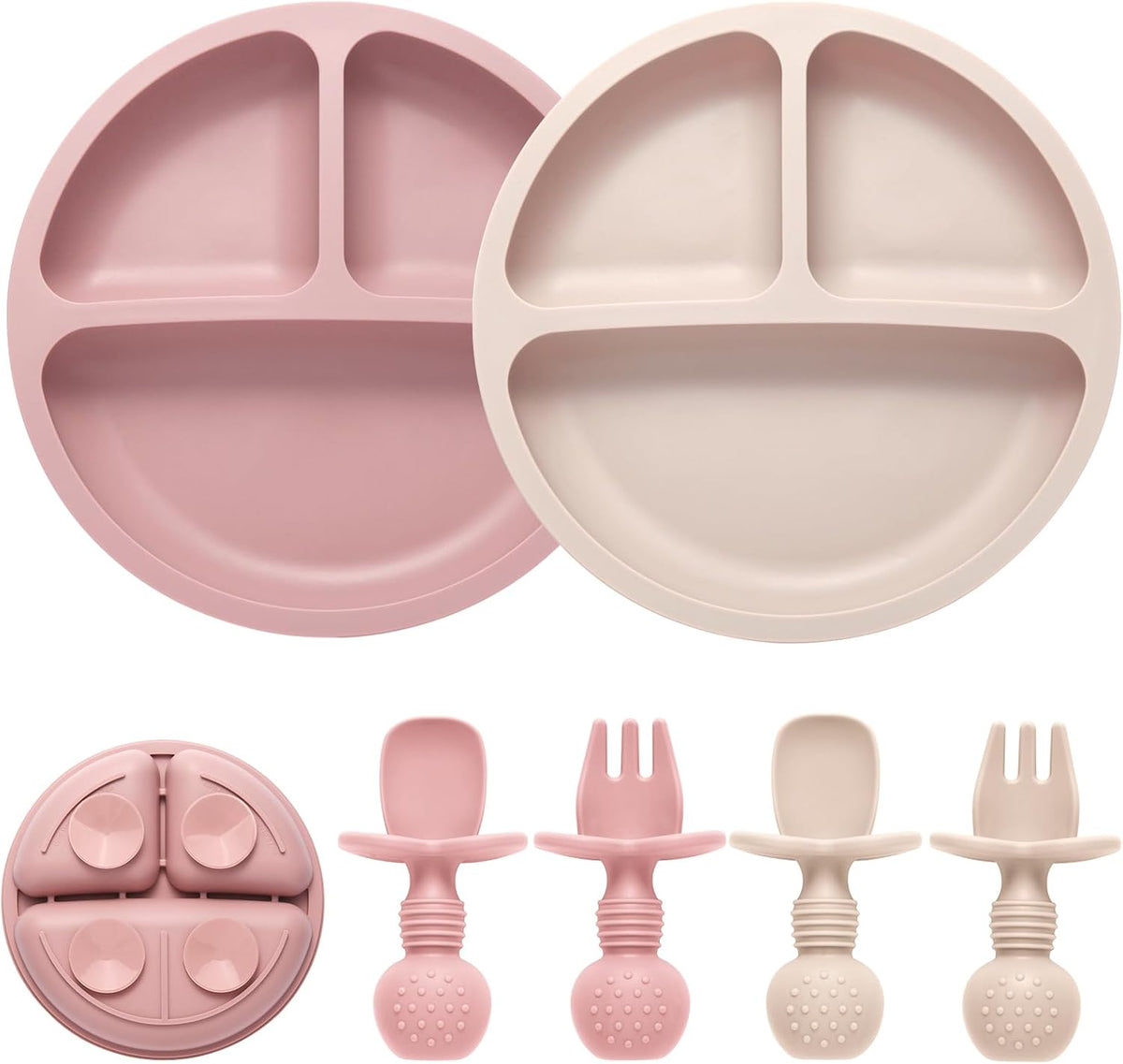 2 Pack Divided Toddler Plates with Suction, Spoons and Forks Set