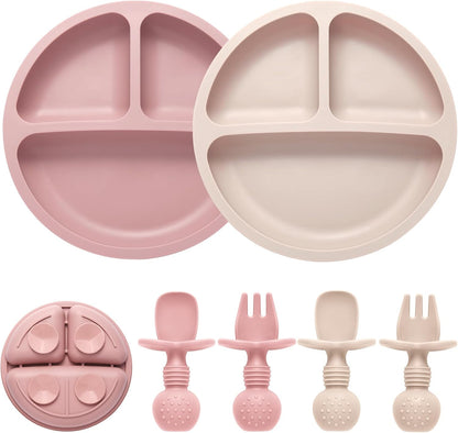 2 Pack Divided Toddler Plates with Suction, Spoons and Forks Set