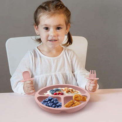 2 Pack Divided Toddler Plates with Suction, Spoons and Forks Set