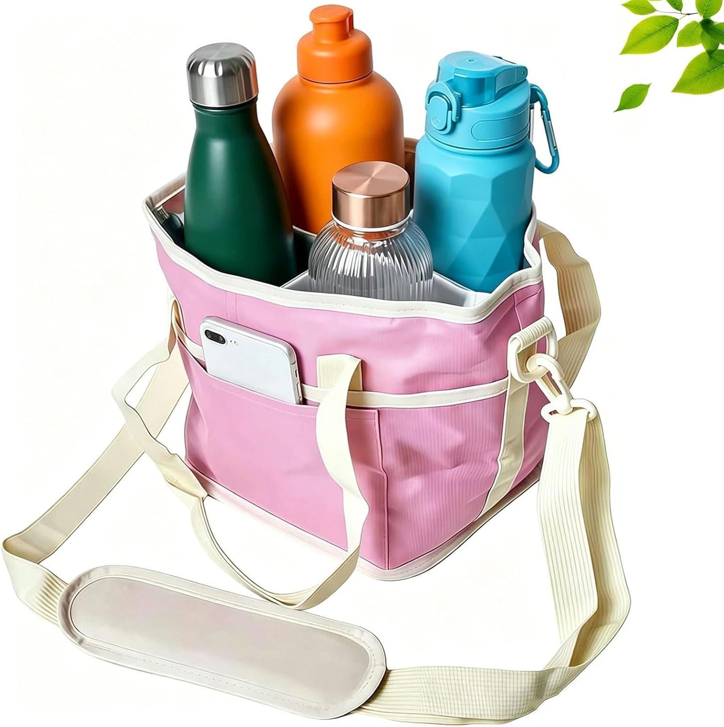 Family Size 4 Compartment Drink Bag, Insulated Multiple Tumbler Holder Caddy with Adjustable Strap, No-Spill Reusable Beverage Carrier for Hiking, Walking, Sports, Travel