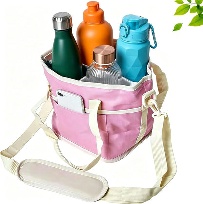Family Size 4 Compartment Drink Bag, Insulated Multiple Tumbler Holder Caddy with Adjustable Strap, No-Spill Reusable Beverage Carrier for Hiking, Walking, Sports, Travel