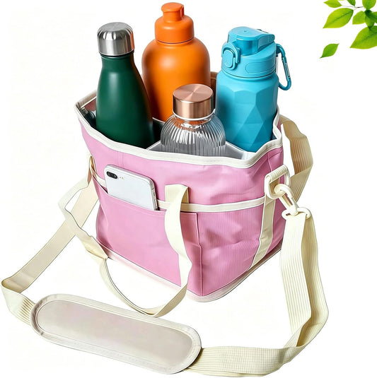 Family Size 4 Compartment Drink Bag, Insulated Multiple Tumbler Holder Caddy with Adjustable Strap, No-Spill Reusable Beverage Carrier for Hiking, Walking, Sports, Travel
