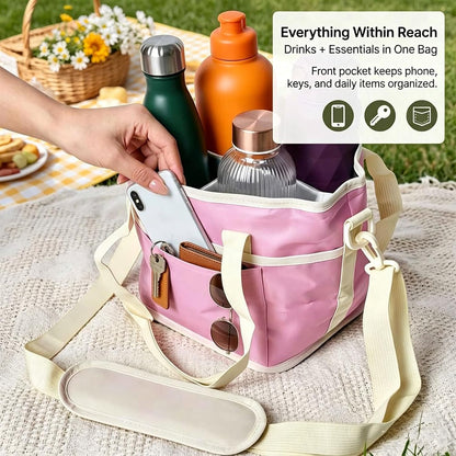 Family Size 4 Compartment Drink Bag, Insulated Multiple Tumbler Holder Caddy with Adjustable Strap, No-Spill Reusable Beverage Carrier for Hiking, Walking, Sports, Travel
