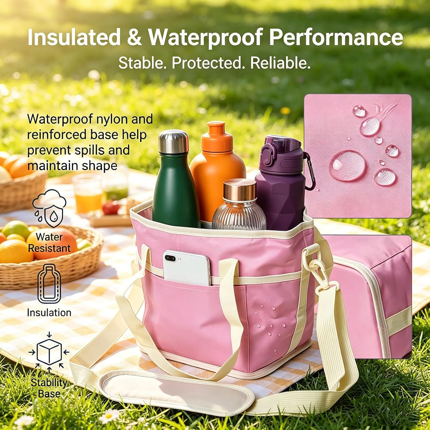 Family Size 4 Compartment Drink Bag, Insulated Multiple Tumbler Holder Caddy with Adjustable Strap, No-Spill Reusable Beverage Carrier for Hiking, Walking, Sports, Travel