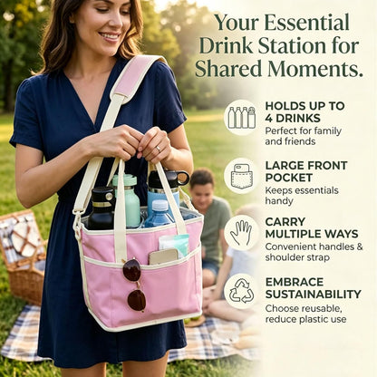 Family Size 4 Compartment Drink Bag, Insulated Multiple Tumbler Holder Caddy with Adjustable Strap, No-Spill Reusable Beverage Carrier for Hiking, Walking, Sports, Travel
