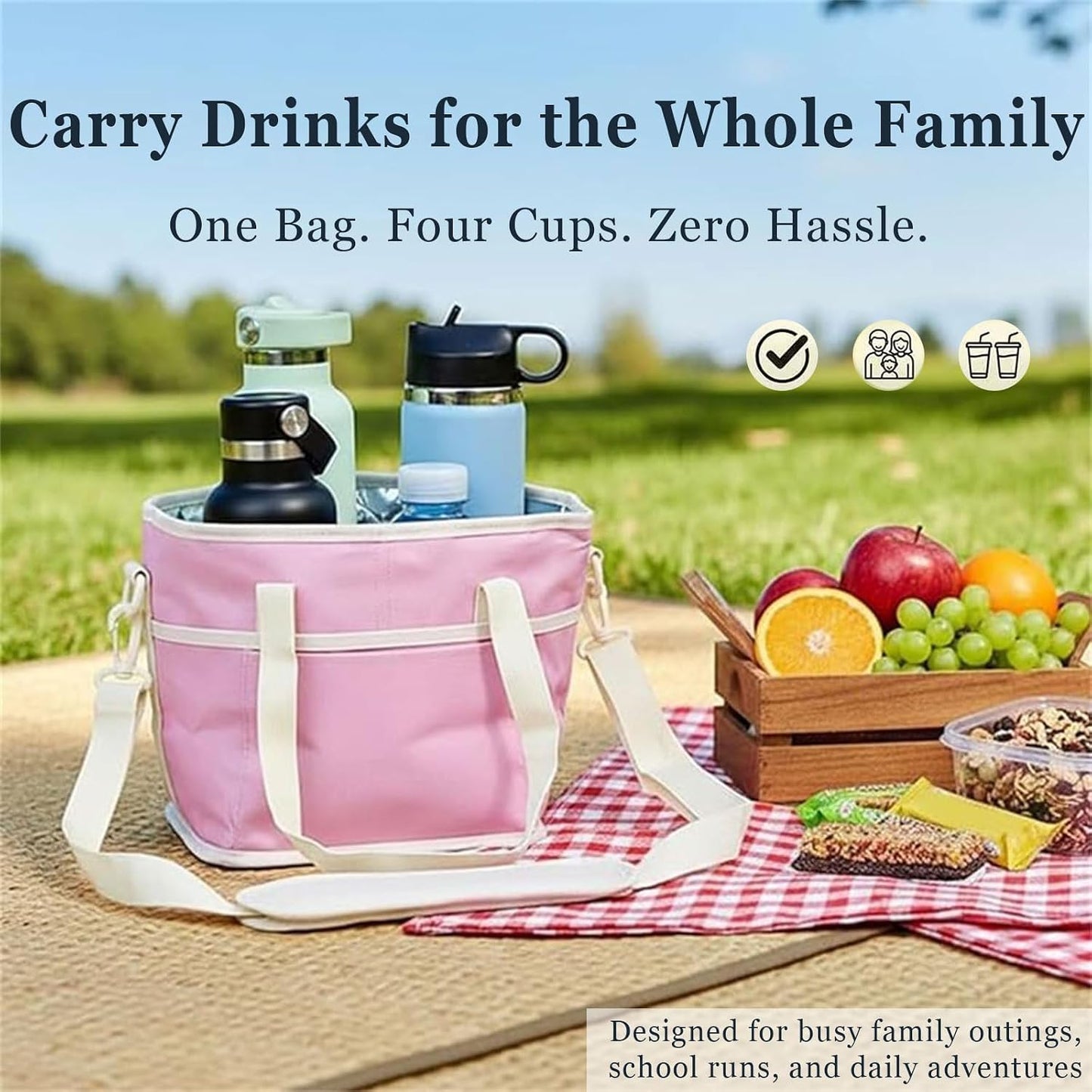 Family Size 4 Compartment Drink Bag, Insulated Multiple Tumbler Holder Caddy with Adjustable Strap, No-Spill Reusable Beverage Carrier for Hiking, Walking, Sports, Travel