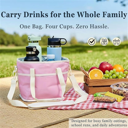 Family Size 4 Compartment Drink Bag, Insulated Multiple Tumbler Holder Caddy with Adjustable Strap, No-Spill Reusable Beverage Carrier for Hiking, Walking, Sports, Travel