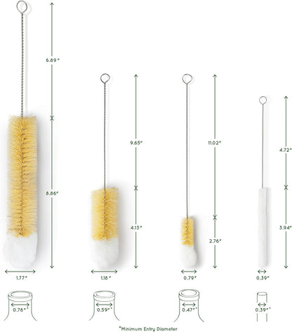 Bottle Cleaner Brush Set | 4 Cleaning Brushes | Bottle Brush Cleaner Set | Water Bottle Brush | Bottle Scrubber | Small & Long Bottle Brush for Glass - Soft Cotton Tip to Prevent Scratches