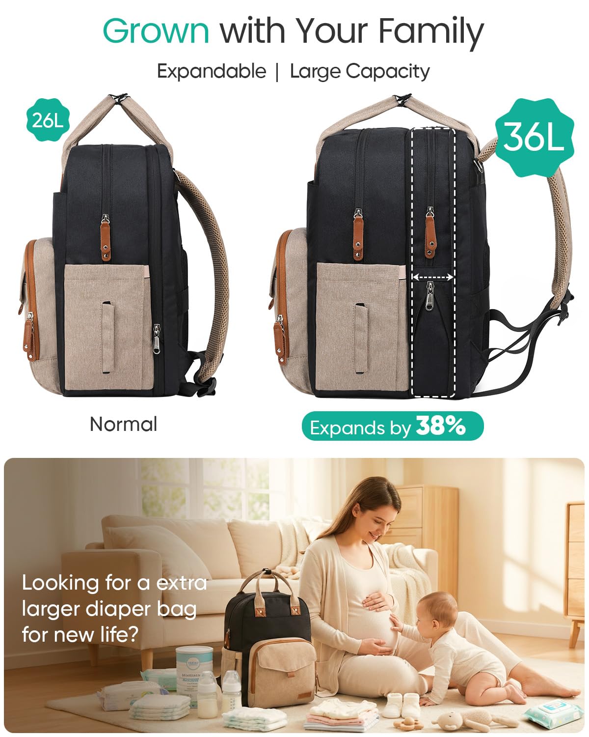 Extra Large Diaper Bag Backpack for 2 Kids Expandable 30-38L