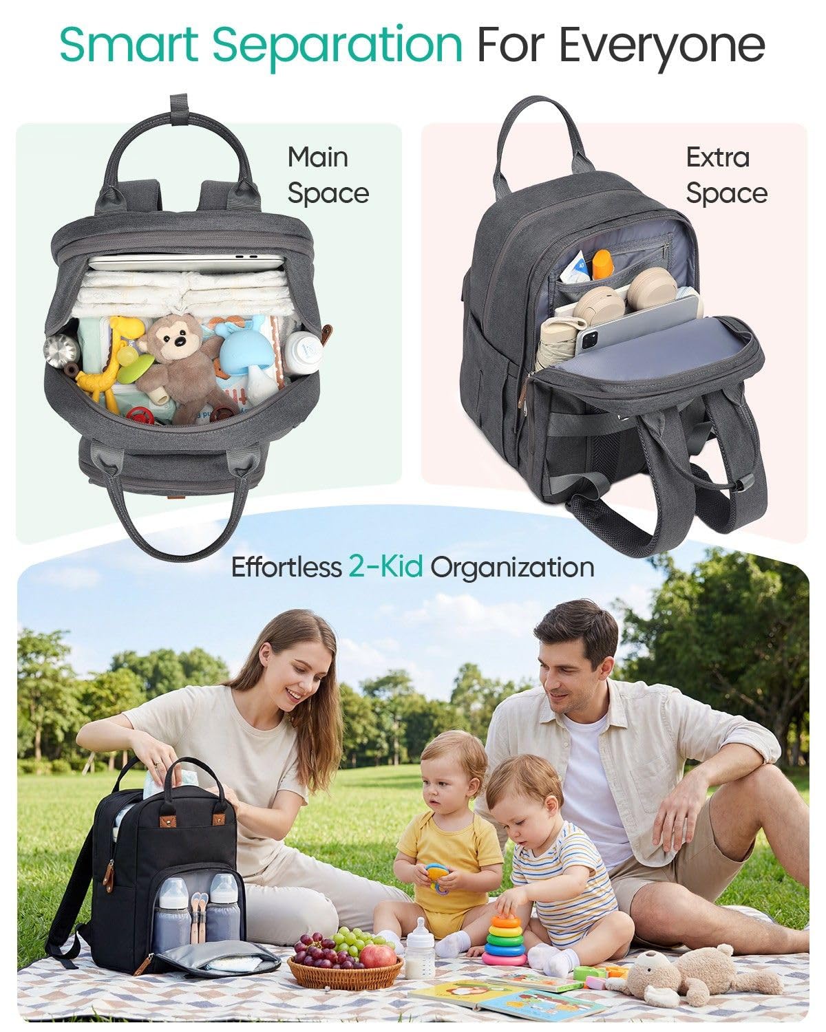 Extra Large Diaper Bag Backpack for 2 Kids Expandable 30-38L