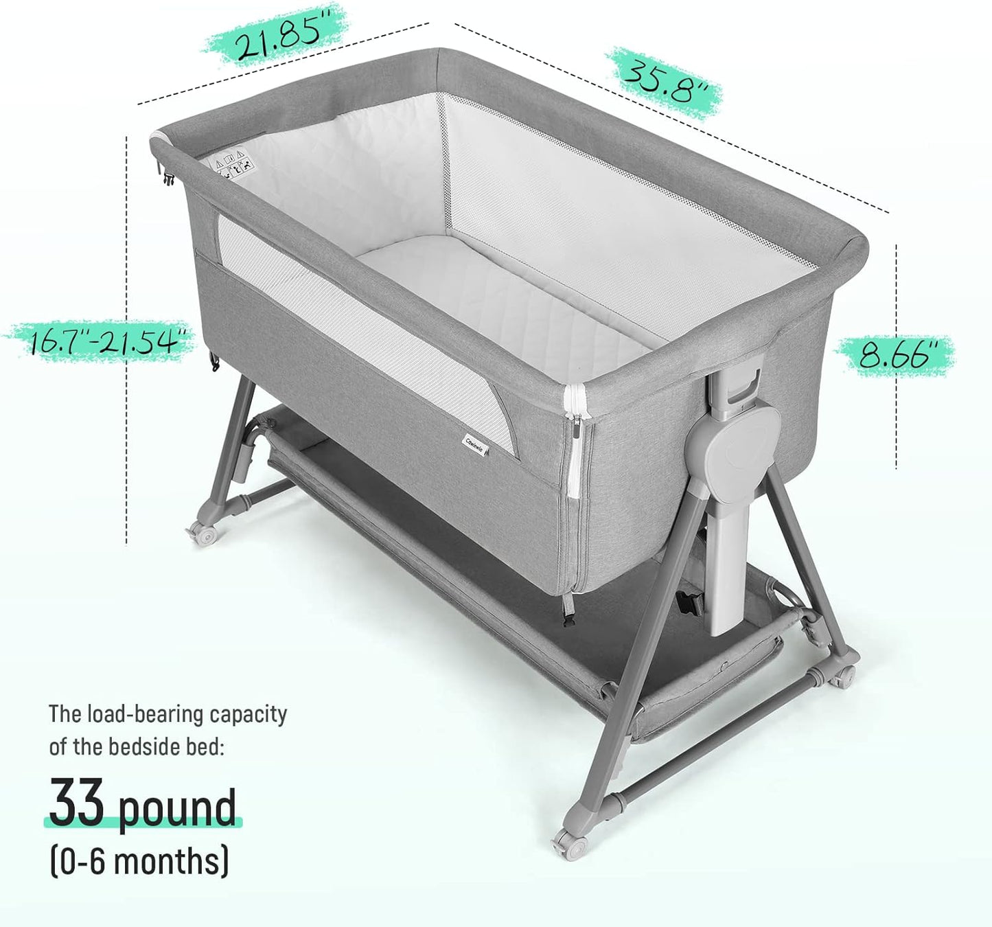 Cowiewie Bassinet Bedside Sleeper, Baby Bassinet with 7 Adjustable Height, Bedside Bassinet for Baby with Storage, Breathable Mesh & Mattress, Portable Bassinet Easy Folding (Pyramid Light Gray)