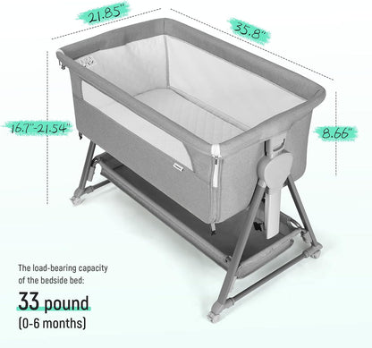 Cowiewie Bassinet Bedside Sleeper, Baby Bassinet with 7 Adjustable Height, Bedside Bassinet for Baby with Storage, Breathable Mesh & Mattress, Portable Bassinet Easy Folding (Pyramid Light Gray)