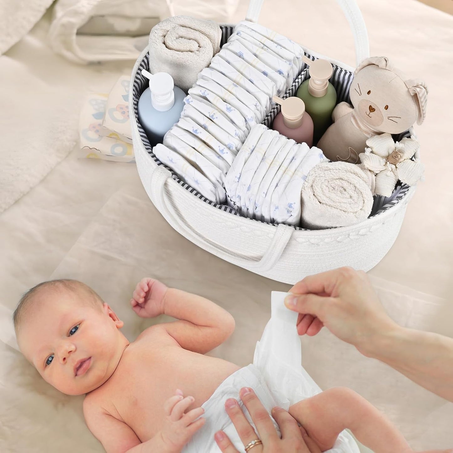 19L Baby Diaper Caddy Organizer, 16.8"x9.8"x9" Cotton Rope Diaper Basket, Changing Table Storage Caddy With Removable Divider, Baby Basket for Nursery, Car, Diapers, Baby Shower Gifts for Newborn