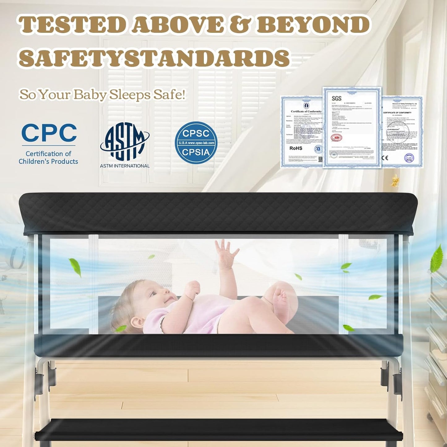 Baby Bassinet, 3-in-1 Baby Bassinets Bedside Sleeper for Newborn with Breathable Mesh, Portable Baby Crib with 4- Adjustable Height, Mattress, Storage Basket & Lockable Wheels, CPSC Beige