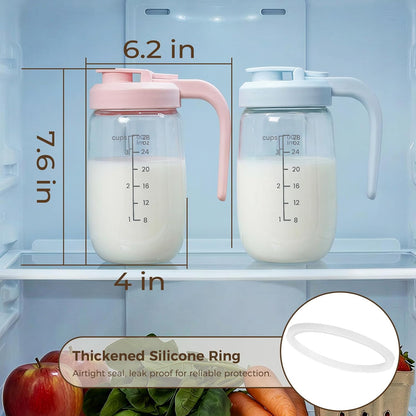 2 Pack Breast Milk Pitcher 32 OZ, Heat & Cold Resistant, Sudden Temperature Safe, Fast Baby Formula Maker with Wide Mouth, No Leak Glass Fridge Storage Container for Juice, Cold Brew-Blue, Pink