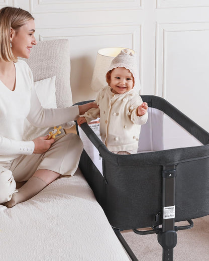 Larex Baby Bassinet, 3 in 1 Bassinets Bedside Sleeper Crib Sleeper for Newborn, Portable Crib Adjustable 7 Height Bedside Bassinet with Mattress and Movable Wheels，Breathable Mattress&Mesh(Dark Grey)