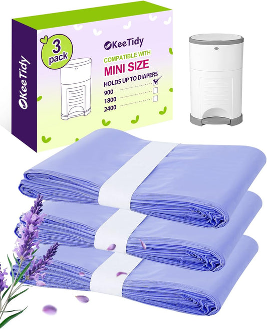 Diaper Pail Refill Bags Compatible with DEKOR MINI Diaper Pails, 20% Extra Length Diaper Bags Disposable with Lavender Flavor, Holds up to 1800 Diapers, 6 Pack