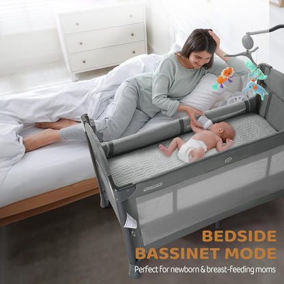 JOYMOR Baby Bedside Bassinet, Baby Bassinet, Pack n Play Convert Playpen, Quick Foldable Travel Bed with Wheels & Brake, Carry Bag for Boys Girls (Gray)