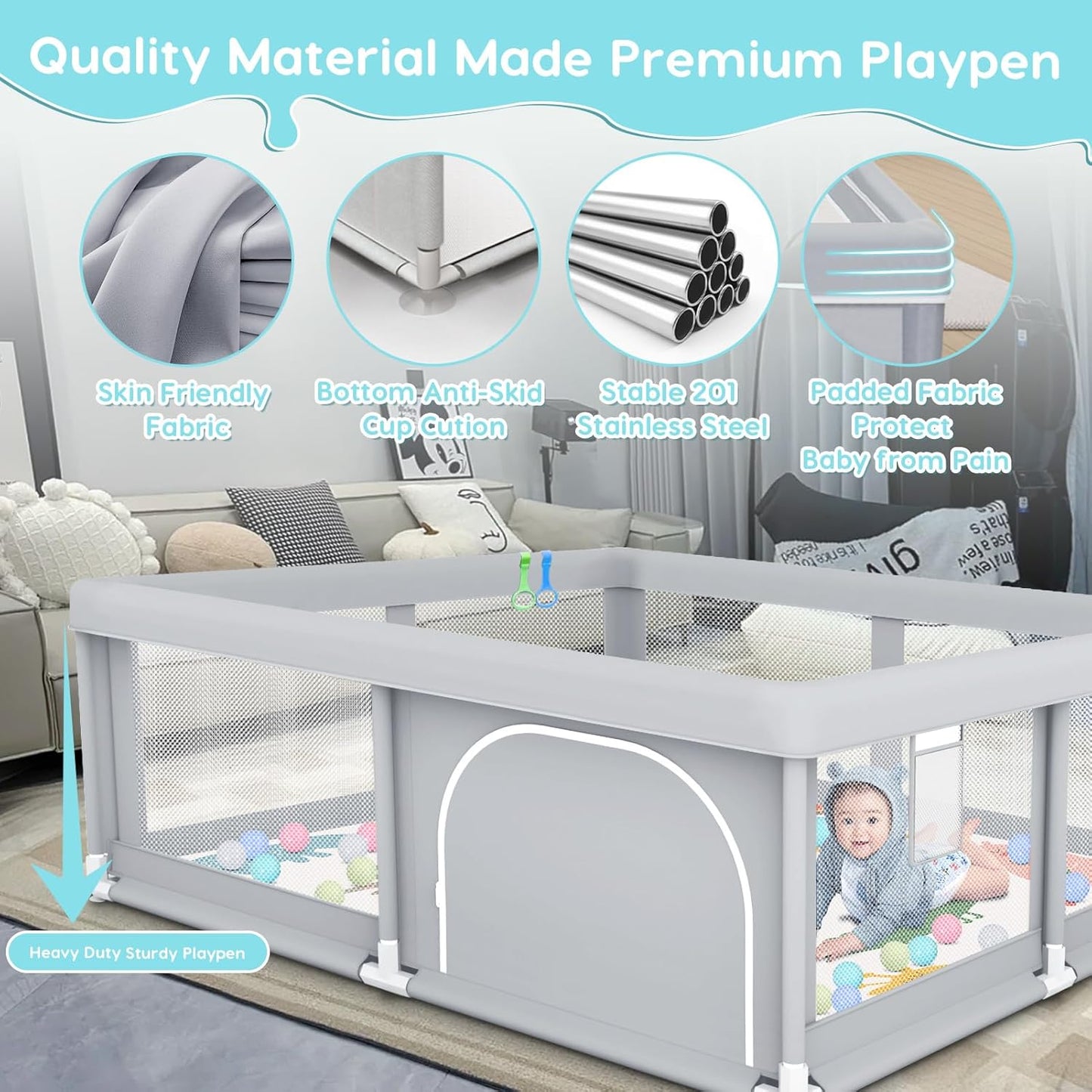 Fshibila 74" ×50" Large Baby Playpen, Baby Playard for Babies and Toddlers, Baby Fence Play Pens for Indoor & Outdoor, Sturdy Safety Play Yard with Soft Breathable Mesh, Anti-Fall, Grey