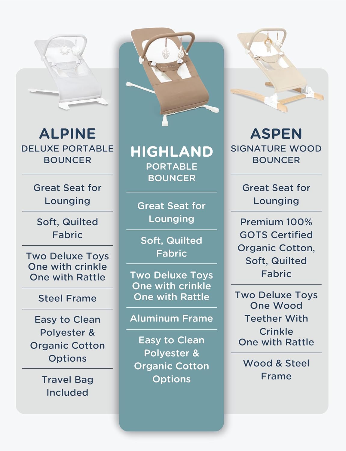 Baby Delight Highland Baby Bouncer | Infant | 0 – 6 Months | 3-Position Recline | Sage Tweed