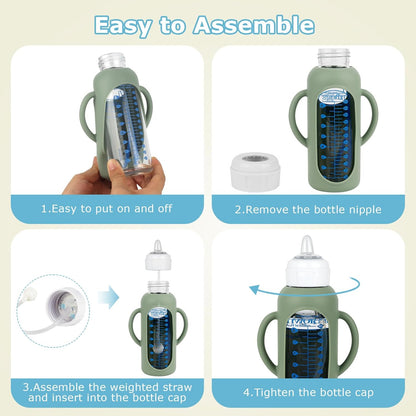 Sippy Straw Cup Conversion Kit with Silicone Sleeves for Dr. Brown's Narrow Glass Baby Bottle 4oz,Anti Breakage Baby Bottles Replacement Kit with Handle and Soft Sippy Spout,6m+,Set of 3