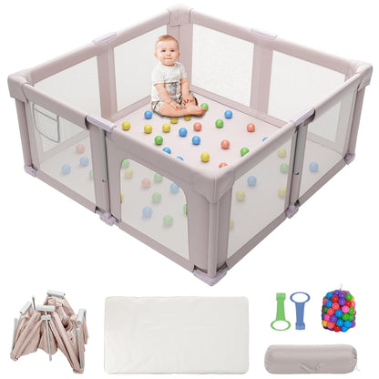 Foldable Playpen for Babies and Toddlers, 51" Portable Play Pen with Mat and Ocean Balls, Play Yard with with Visible Mesh for Inddor and Outdoor, No Assembly Required, Dark Gray