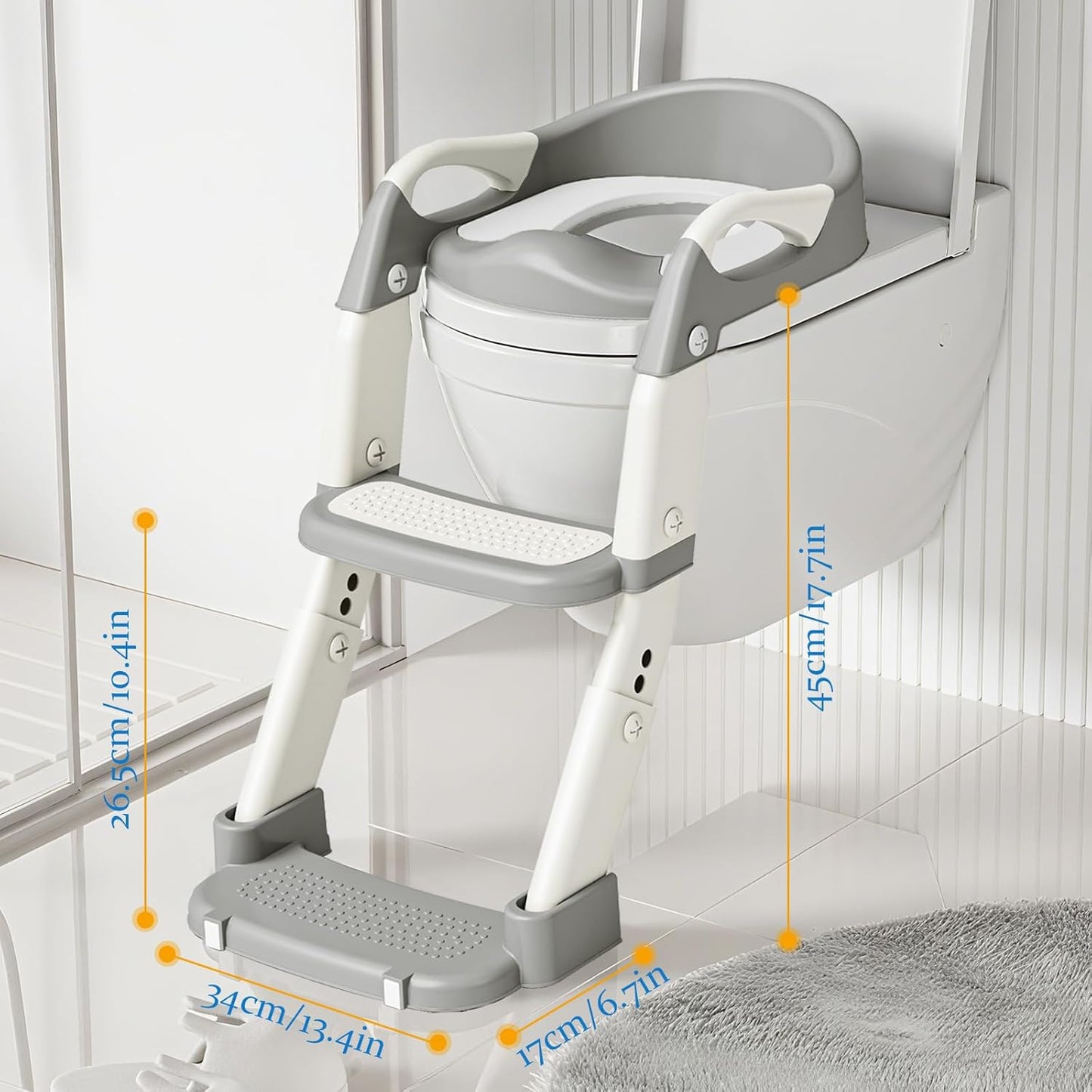 Potty Training Seat 3-in-1 Toddler Toilet Ladder (Toilet, Ladder, Squatting Aid) for Children Boys Girls with Removable Cushion, Anti-Splash & Foldable Design - Grey