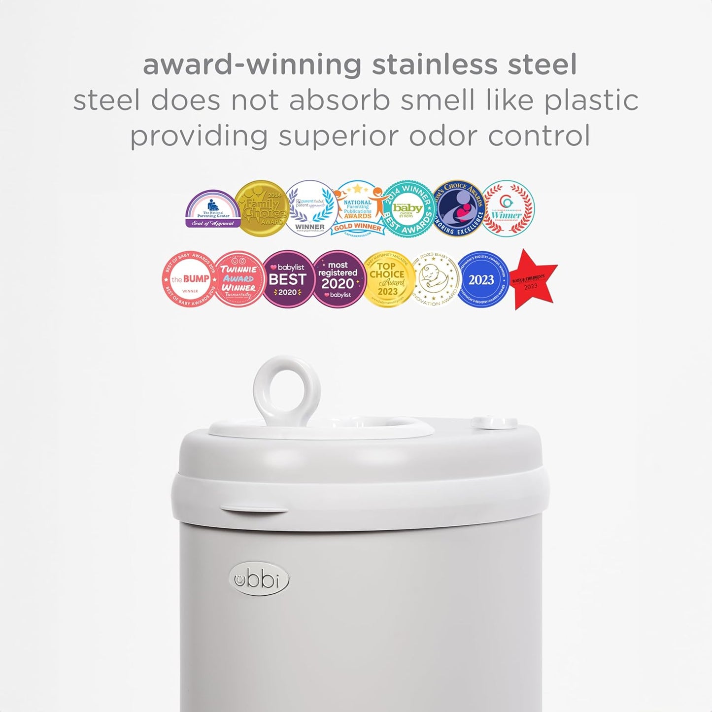 Ubbi Steel Diaper Pail, Odor Locking, No Special Bag Required, Award-Winning, Registry Must-Have, White