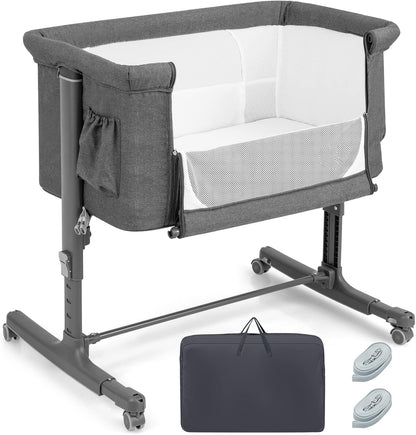HONEY JOY Baby Bassinet Bedside Sleeper, 3-in-1 Easy Folding Portable Crib for Baby with Wheels, 5 Adjustable Heights, Easy to Assemble Bed to Bed, Mattress & Carry Bag for Infant Newborn (Pink)