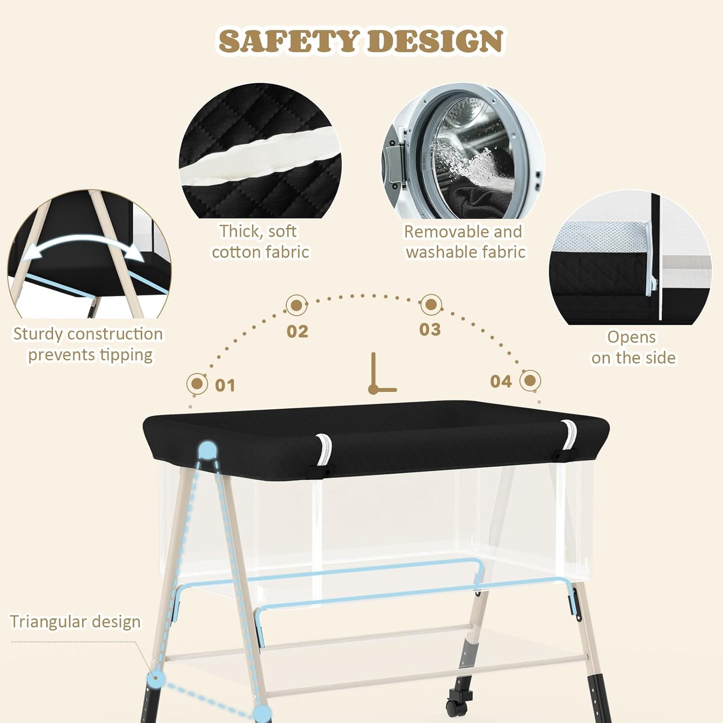 Baby Bassinet, 3-in-1 Baby Bassinets Bedside Sleeper for Newborn with Breathable Mesh, Portable Baby Crib with 4- Adjustable Height, Mattress, Storage Basket & Lockable Wheels, CPSC Beige