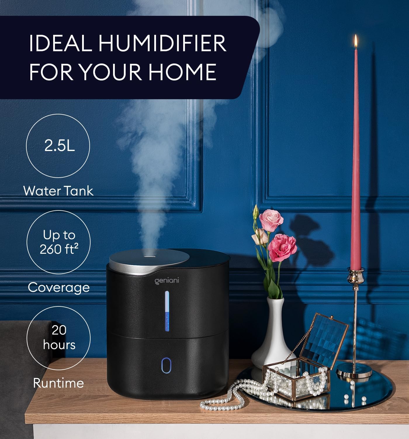 GENIANI Portable Cool Mist Humidifiers for Bedroom & Office - Ultrasonic Humidifier for Home, Baby, Small Room with Auto Shut Off, 250ML Easy to Clean Water Tank