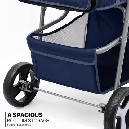 MoNiBloom Foldable Pet Stroller with Weather Cover, 3 Wheels Pet Strolling Cart for Small/Medium Dogs and Cats with Storage Basket and Cup Holder, Breathable and Visible Mesh for All-Season, Black