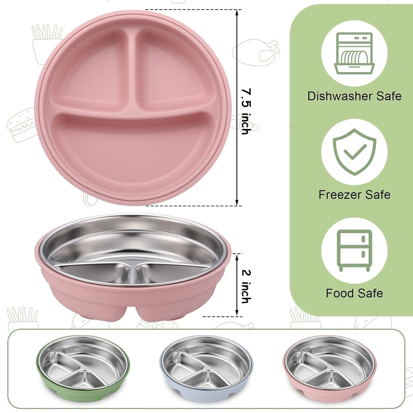 Nuogo 2 Pcs Stainless Steel Baby Suction Plates with Removable Silicone Shell 2-in-1 Metal Toddler Bowl Divided for Picky Eaters Kids Feeding Led Weaning Supplies, Dishwasher Safe (Purple,Green)