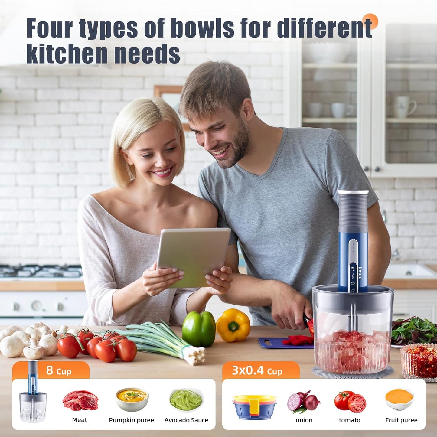 Kawu Electric Food Processor, Cordless Small Meat Grinder for Kitchen, Portable Vegetable Chopper with Glass Bowl, USB Rechargeable Meat Shredder, Mini Onion Chopper & Food Chopper Vegetable Cutter