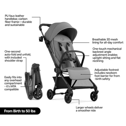 Mompush Nexis Carbon Travel Stroller, Ultra-Lightweight 11.5 lbs, Compact & Airplane Carry-On Approved, One-Second Auto-Fold, One-Hand Full Recline, from Birth to 50 lbs, JPMA Certified, Black