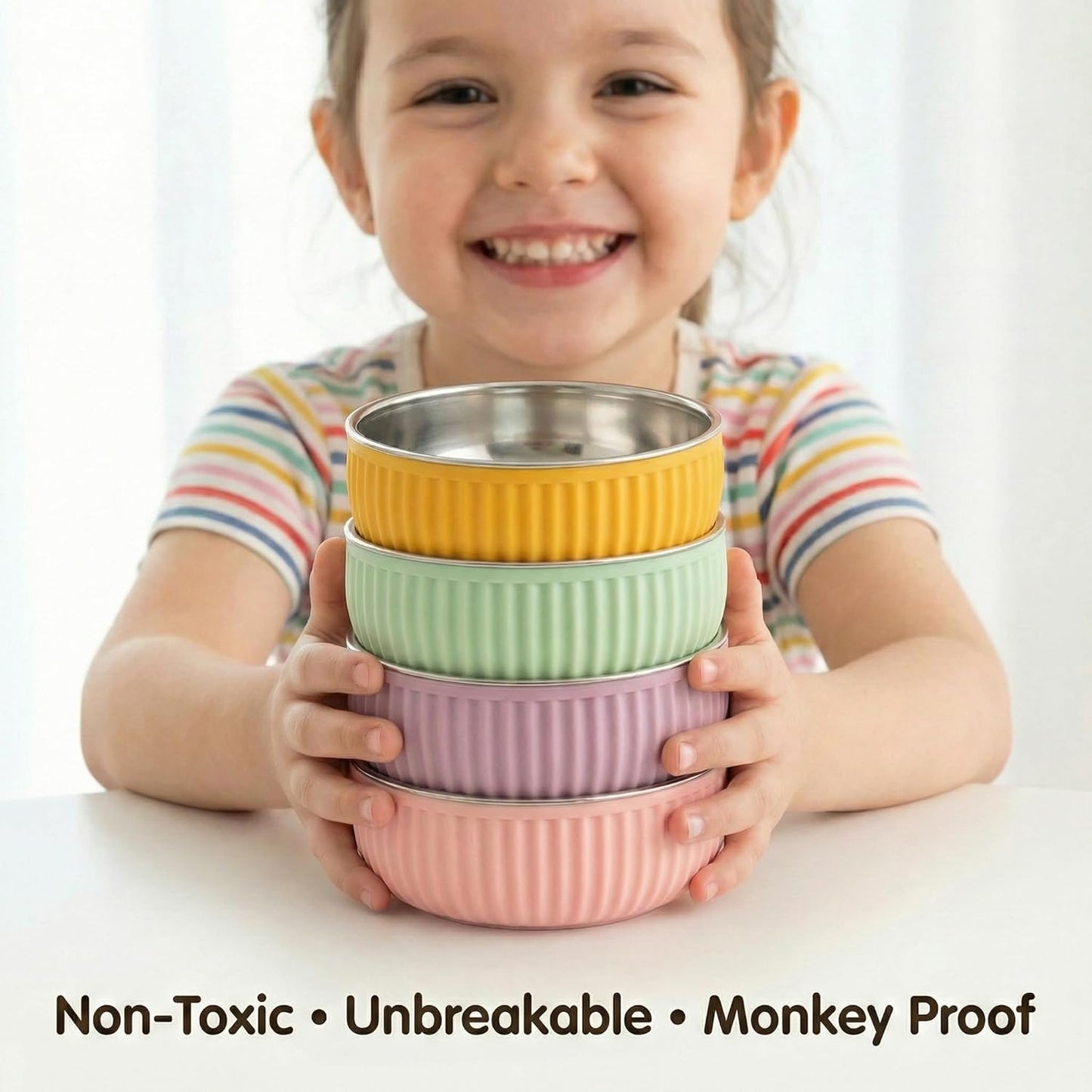 Monkey Proof™ Non-Toxic Stainless Steel Child Bowl 5” with Non-Slip Grooved Silicone Shell, (Set of 4 bowls) Unbreakable, Mess Free Feeding for Babies, Toddlers, Kids, BPA free (Stormy Sky Grooved)