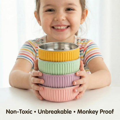 Monkey Proof™ Non-Toxic Stainless Steel Child Bowl 5” with Non-Slip Grooved Silicone Shell, (Set of 4 bowls) Unbreakable, Mess Free Feeding for Babies, Toddlers, Kids, BPA free (Stormy Sky Grooved)