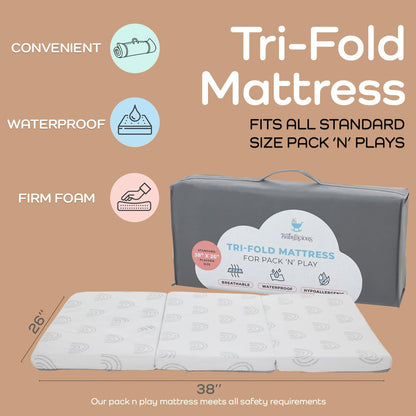 Waterproof Pack and Play Mattress Topper - 38" x 26" | Trifold Style - Breathable Soft Plush Foam - Portable Playard Mattress Topper- Baby Foam Playpen Mattresses for Babies - Boho Rainbow Design
