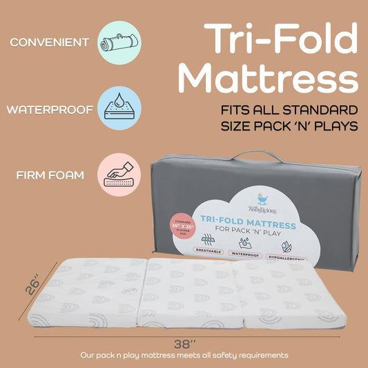 Waterproof Pack and Play Mattress Topper - 38" x 26" | Trifold Style - Breathable Soft Plush Foam - Portable Playard Mattress Topper- Baby Foam Playpen Mattresses for Babies - Boho Rainbow Design