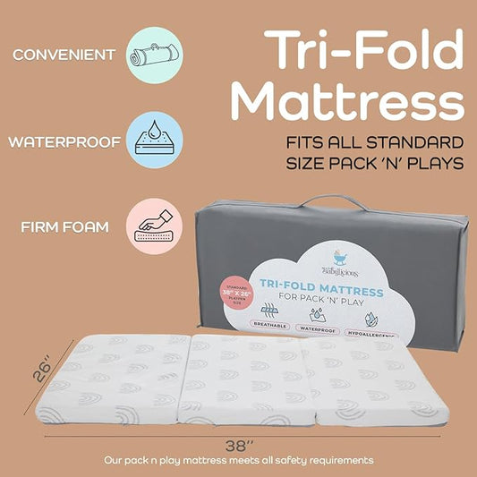 Waterproof Pack and Play Mattress Topper - 38" x 26" | Trifold Style - Breathable Soft Plush Foam - Portable Playard Mattress Topper- Baby Foam Playpen Mattresses for Babies - Boho Rainbow Design