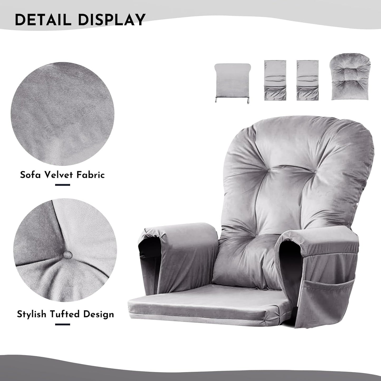 Lucky Monet 5Pcs Glider Rocker Replacement Cushions - Velvet Glider Cushions Replacement Set with Side Storage Pockets, Thick Glider Chair Cushions Washable & Non Slip, Cushion ONLY - Beige