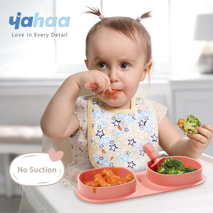 Baby Plates with Suction with Forks and Spoons, Foldable Silicone Toddler Plates, Baby Travel Essential, Microwave & Dishwasher Safe, Purple